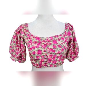 MOON RIVER Floral Puff Sleeve Crop Blouse In Pale Yellow/pink. Size XS NWT